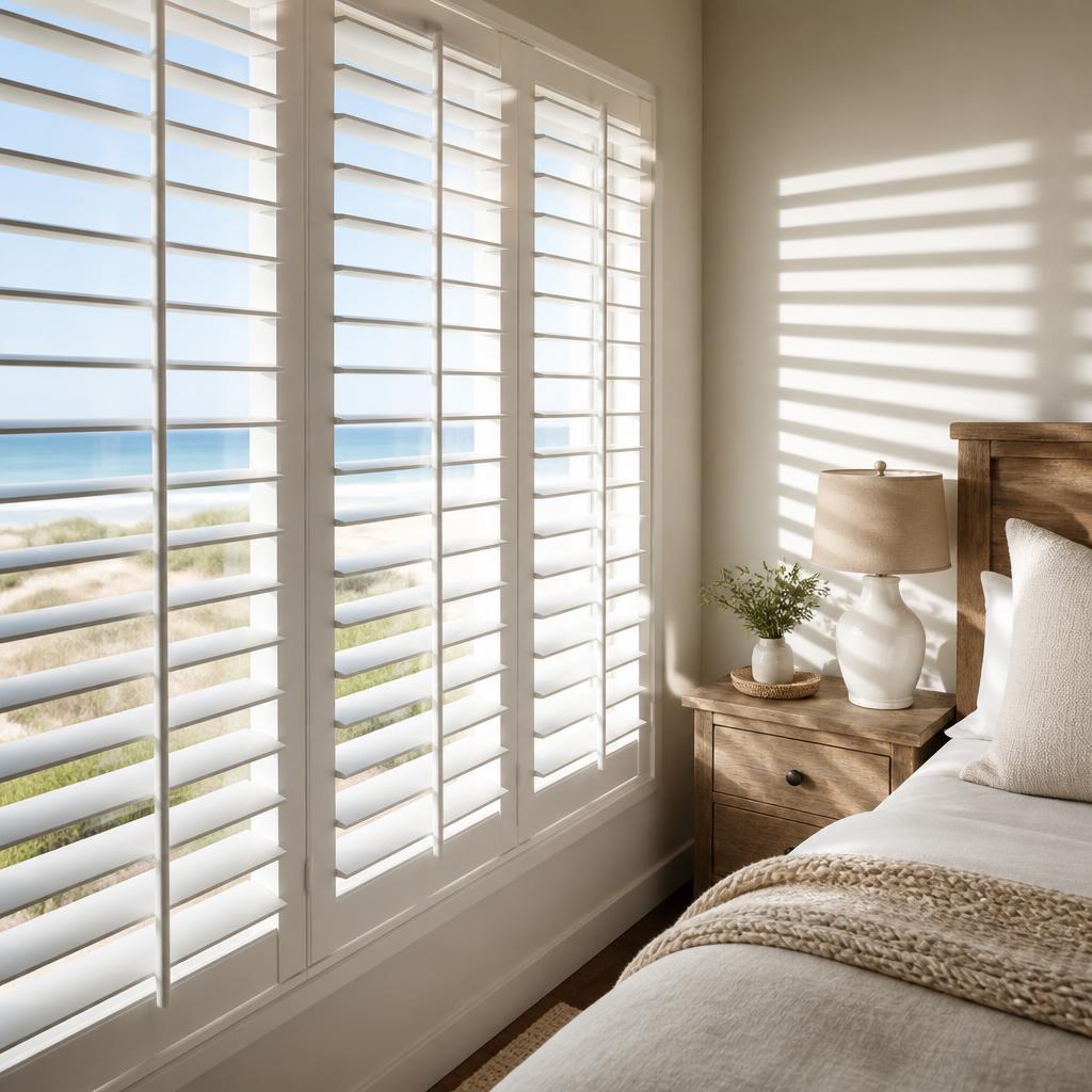 White interior plantation shutters set in tall windows in a bright room.